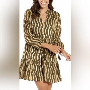 Jude Connally Monaco Gold and Brown Painted Striped Dress XS NWT NEW